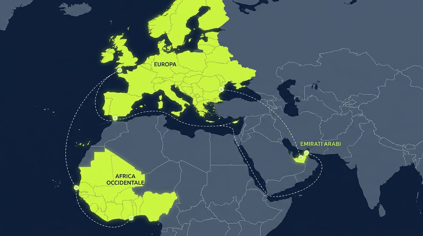 Mappa delle rotte commerciali tra Europa e Africa Occidentale